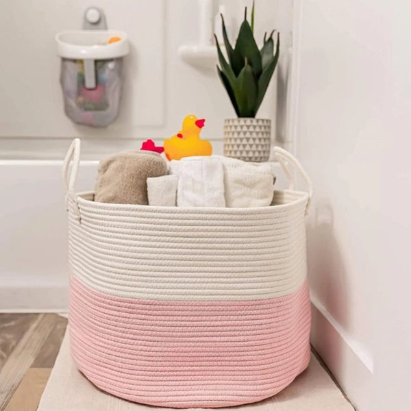 Cotton Pack Of_1 14x12 Inch Laundry Storage Basket For Clothes (Pink-White)
