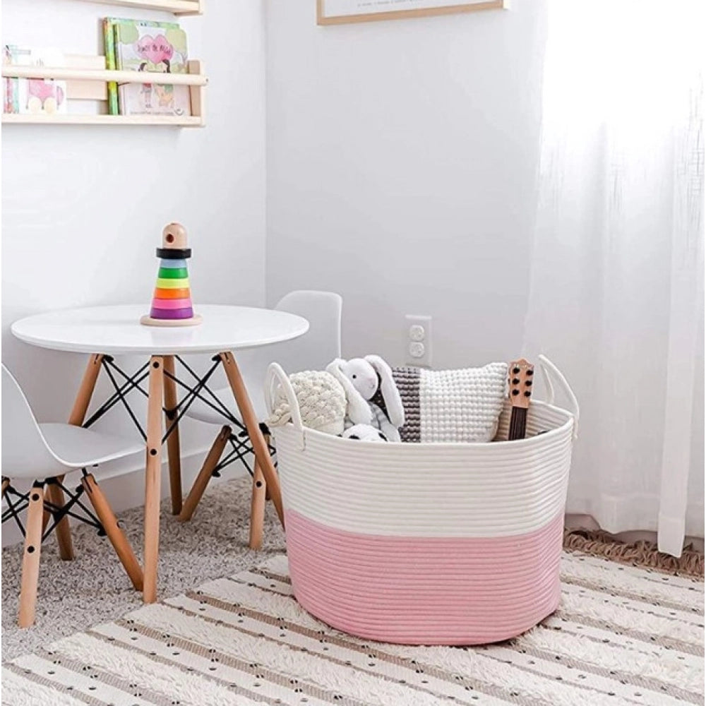 Cotton Pack Of_1 14x12 Inch Laundry Storage Basket For Clothes (Pink-White)