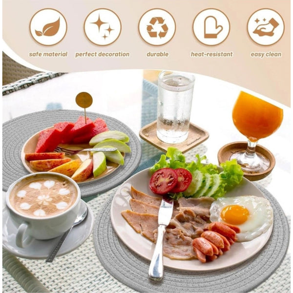 Cotton Dining Table Round Placemat Mats Set of 4 (Grey)