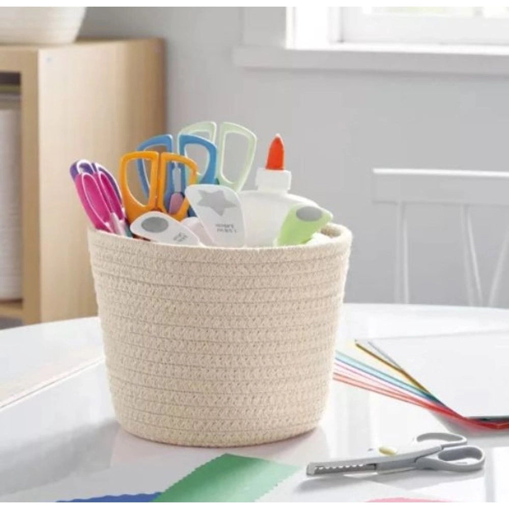 Cotton Pack Of_2 White Pen Holder Storage Basket For Clothes (White)