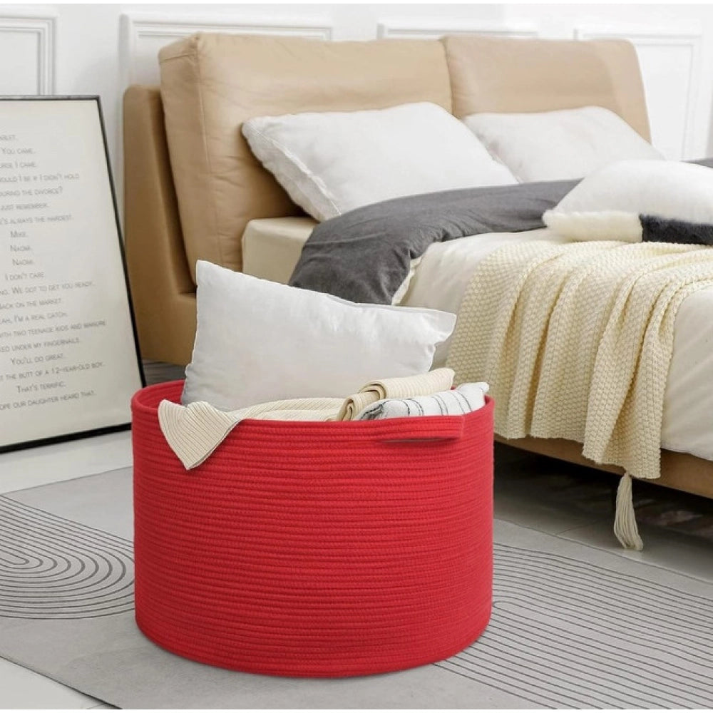 Cotton Pack Of_1 14x12 Inch Storage Basket For Clothes With Out Lid (Red)