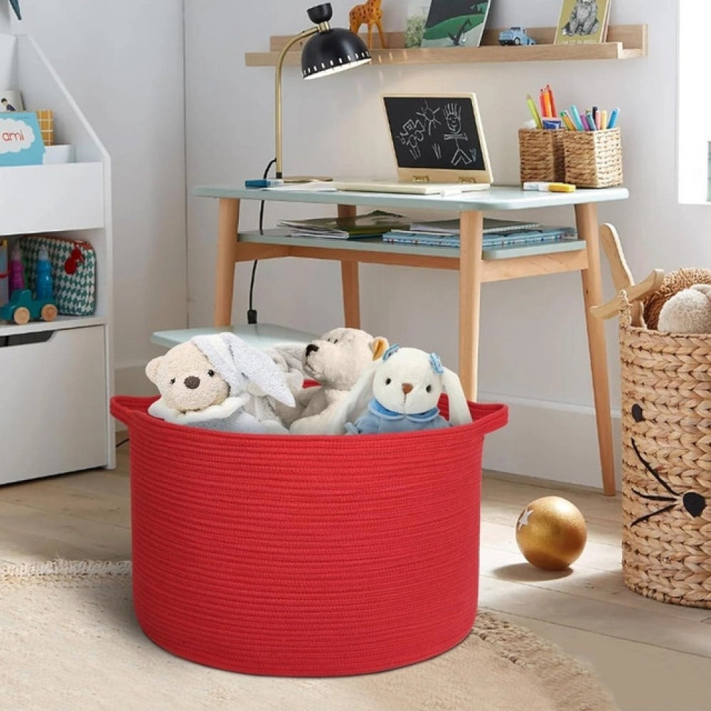 Cotton Pack Of_1 14x12 Inch Storage Basket For Clothes With Out Lid (Red)
