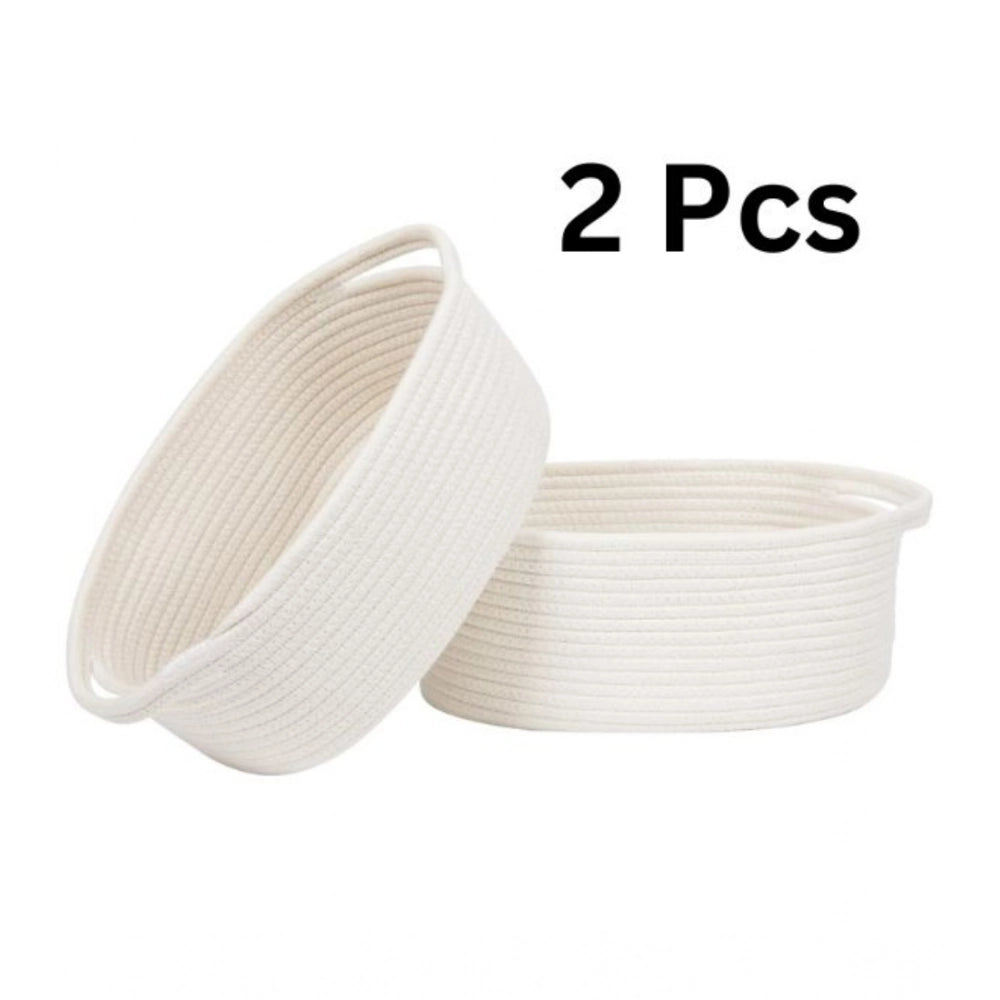 Cotton 10x7x4 Inch2 Pcs Oval Storage Basket For Clothes (White)