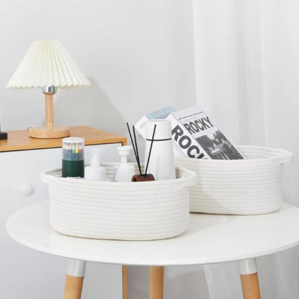 Cotton 10x7x4 Inch2 Pcs Oval Storage Basket For Clothes (White)