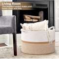 Cotton Dori 16x14 Inch Storage Basket For Clothes With Out Lid (White-Beige-White)
