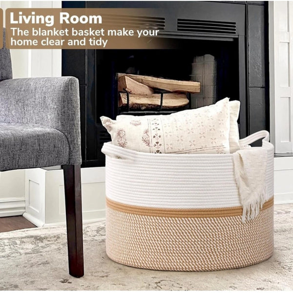 Cotton Dori 16x14 Inch Storage Basket For Clothes With Out Lid (White-Beige-White)