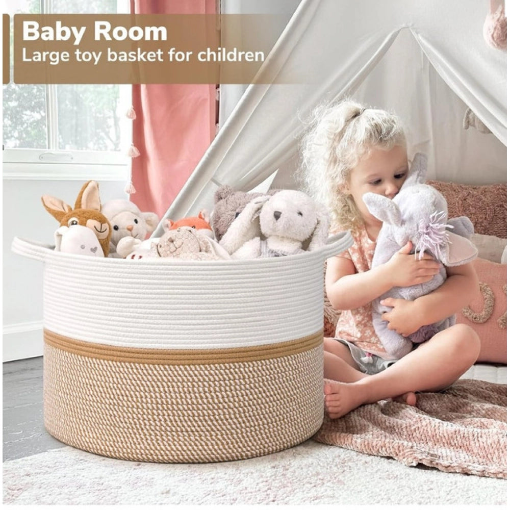 Cotton Dori 16x14 Inch Storage Basket For Clothes With Out Lid (White-Beige-White)