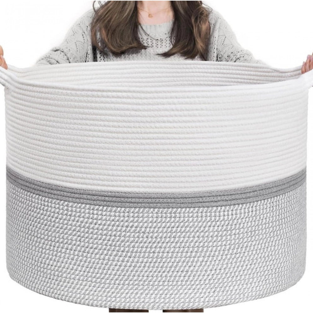 Cotton Dori 16x14 Inch Storage Basket For Clothes With Out Lid (White-Gray-White)
