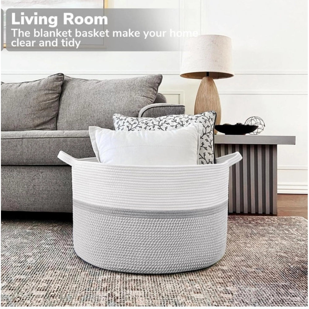 Cotton Dori 16x14 Inch Storage Basket For Clothes With Out Lid (White-Gray-White)