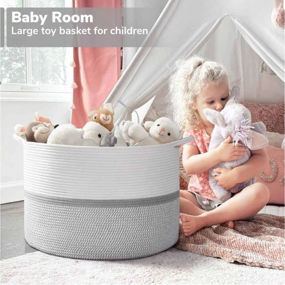 Cotton Dori 16x14 Inch Storage Basket For Clothes With Out Lid (White-Gray-White)