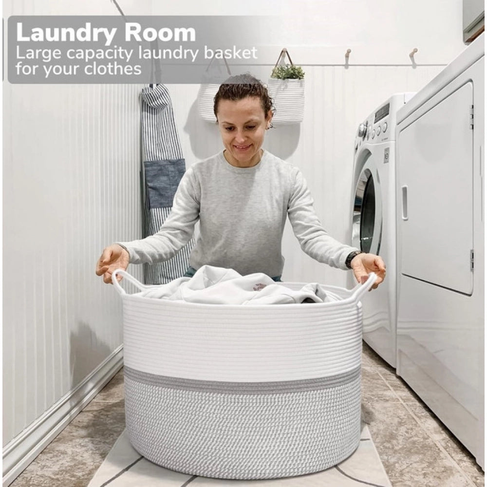 Cotton Dori 16x14 Inch Storage Basket For Clothes With Out Lid (White-Gray-White)
