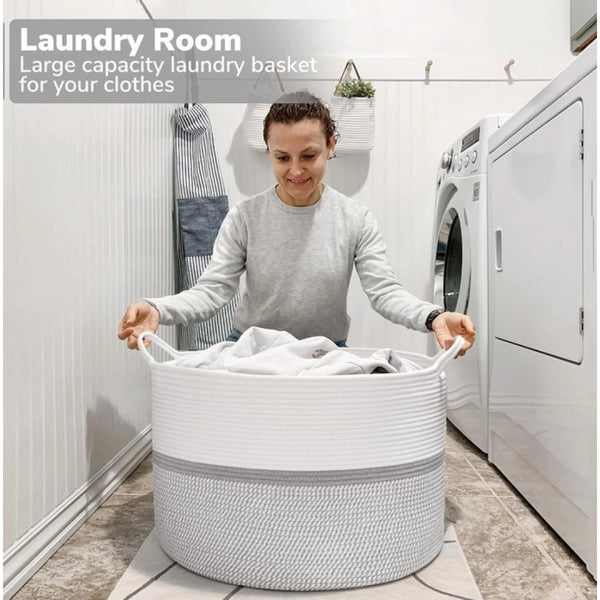 Cotton Dori 16x14 Inch Storage Basket For Clothes With Out Lid (White-Gray-White)