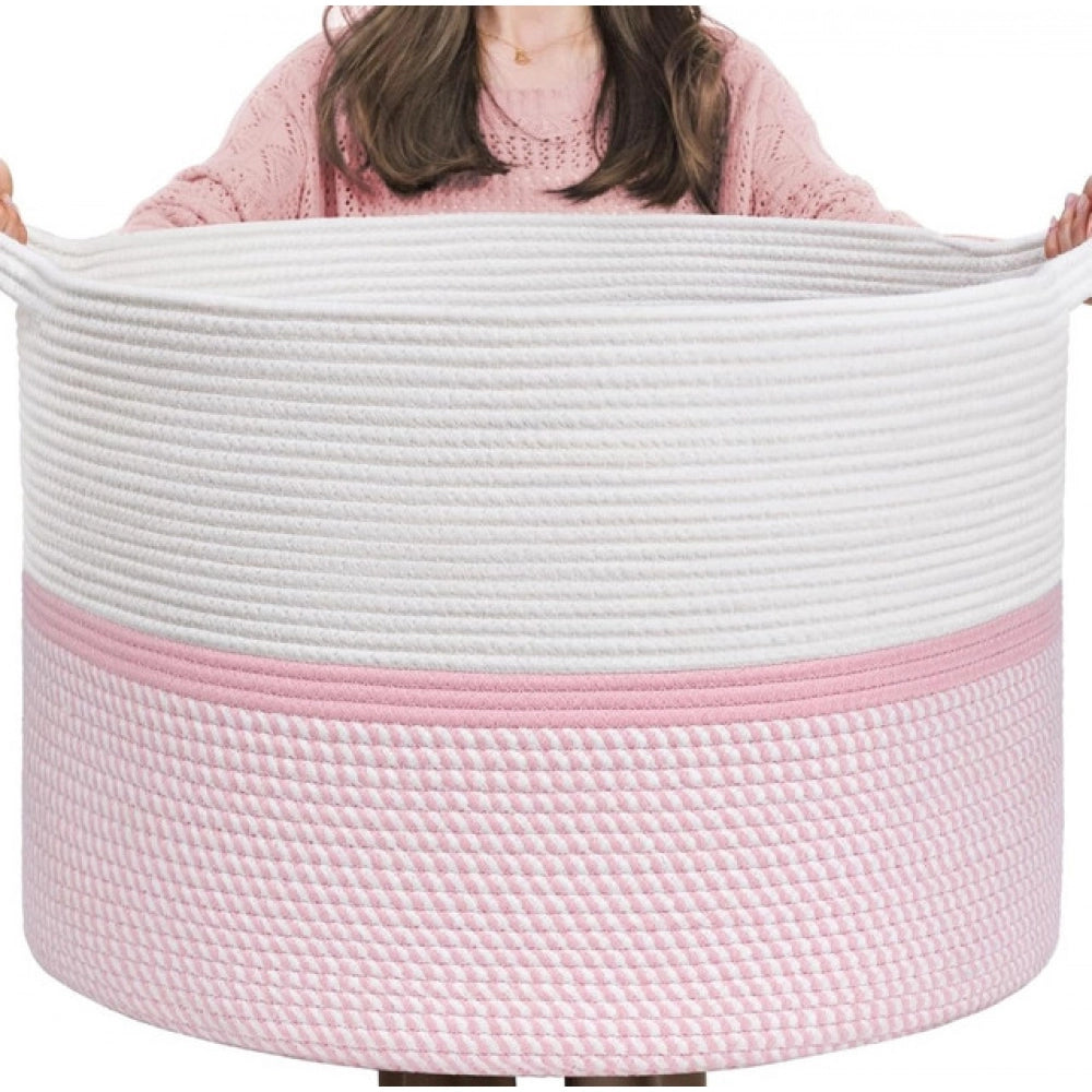 Cotton Dori 16x14 Inch Storage Basket For Clothes With Out Lid (White-Pink-White)