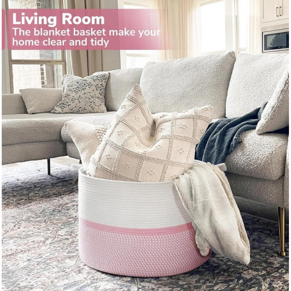 Cotton Dori 16x14 Inch Storage Basket For Clothes With Out Lid (White-Pink-White)
