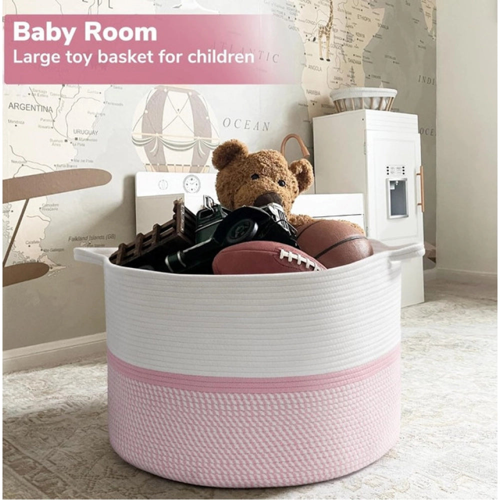 Cotton Dori 16x14 Inch Storage Basket For Clothes With Out Lid (White-Pink-White)