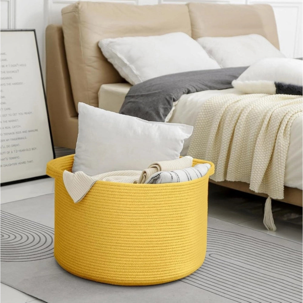 Cotton Pack Of_1 14x12 Inch Storage Basket For Clothes With Out Lid (Yellow)