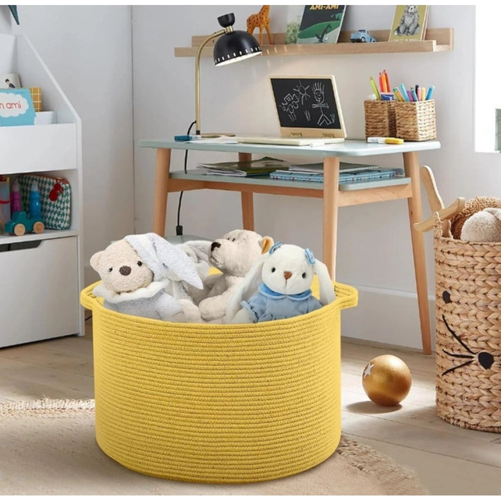 Cotton Pack Of_1 14x12 Inch Storage Basket For Clothes With Out Lid (Yellow)