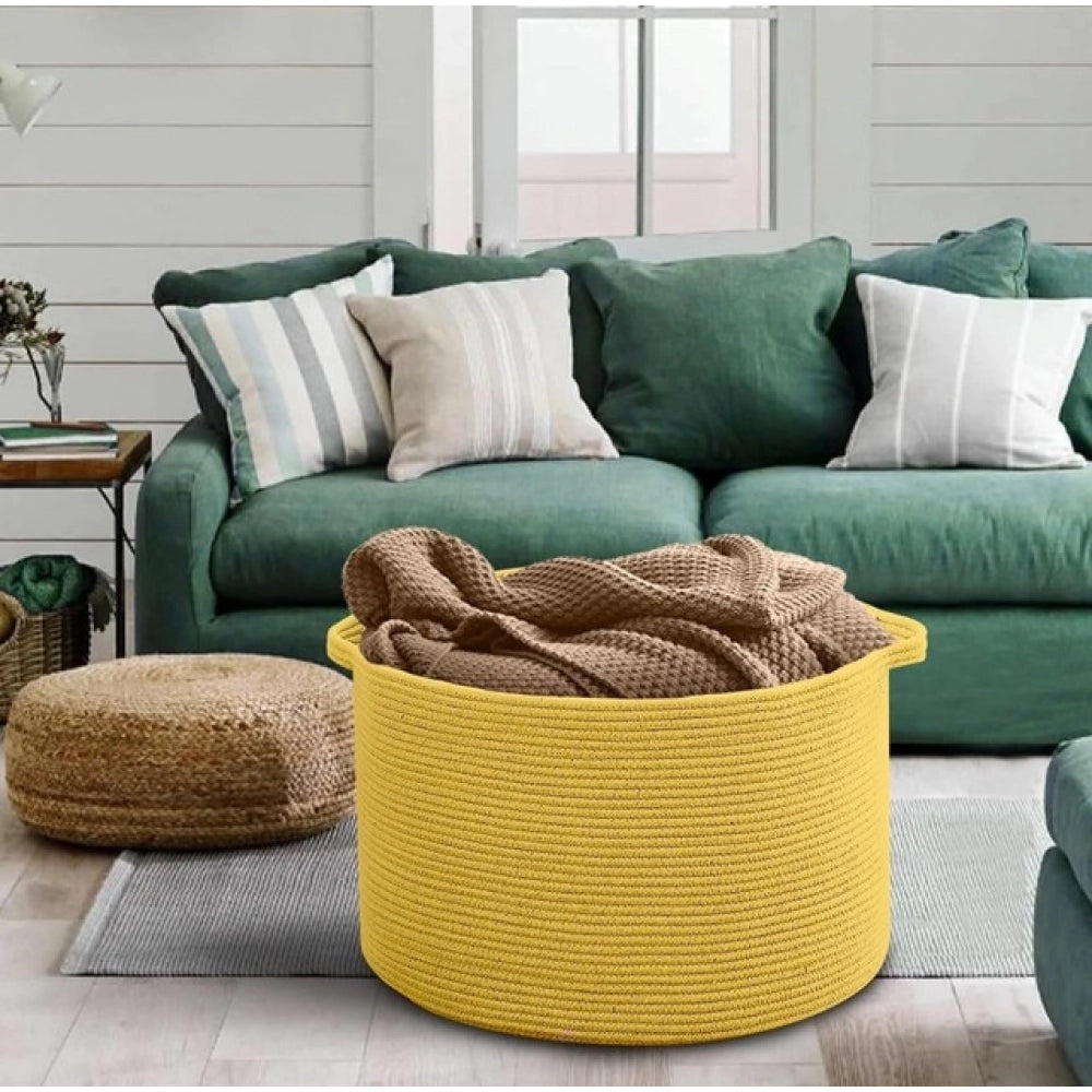 Cotton Pack Of_1 14x12 Inch Storage Basket For Clothes With Out Lid (Yellow)