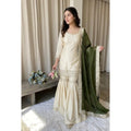 Women's Silk Embroidered 3/4th Sleeve V-Neck Kurti With Sharara Pant and Dupatta Set (Cream &amp; Green)