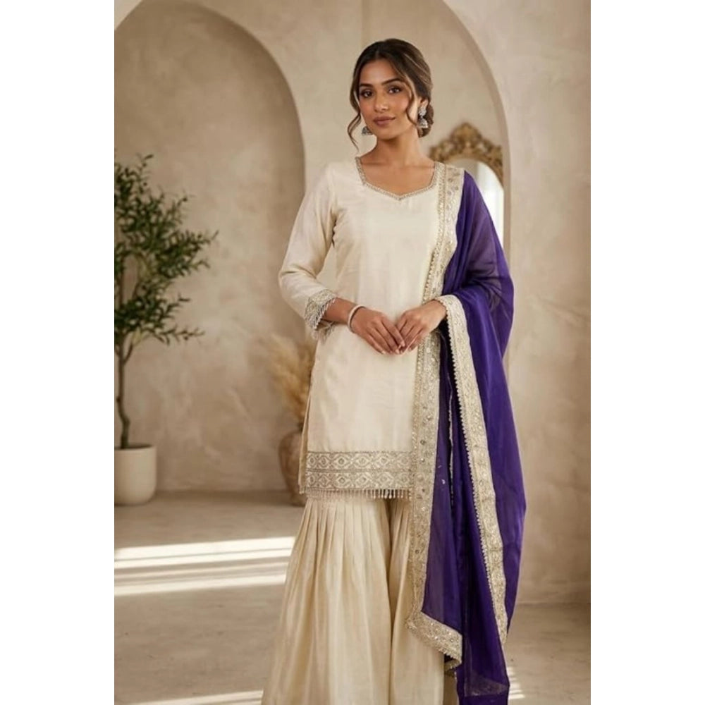 Women's Silk Embroidered 3/4th Sleeve V-Neck Kurti With Sharara Pant and Dupatta Set (Cream &amp; Purple)