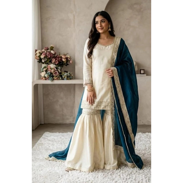 Women's Silk Embroidered 3/4th Sleeve V-Neck Kurti With Sharara Pant and Dupatta Set (Cream &amp; Teal)