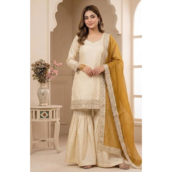 Women's Silk Embroidered 3/4th Sleeve V-Neck Kurti With Sharara Pant and Dupatta Set (Cream &amp; Yellow)