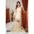 Women's Silk Embroidered 3/4th Sleeve V-Neck Kurti With Sharara Pant and Dupatta Set (Cream &amp; Orange)
