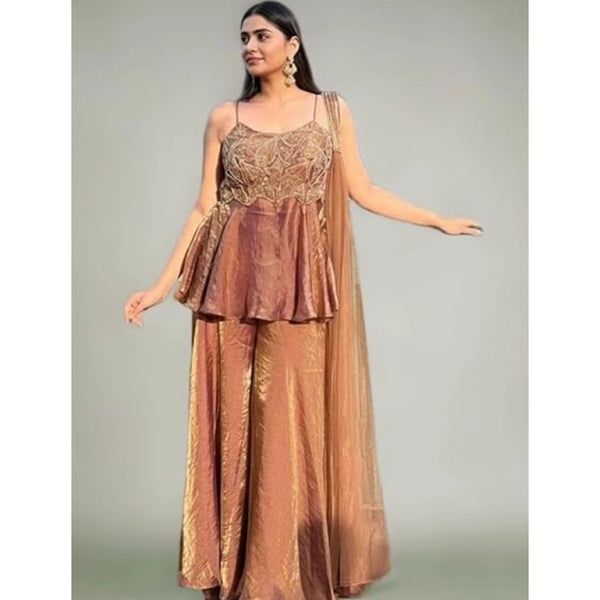 Women's Silk Embroidered Sleeveless Round Kurti With Palazzo Pant and Dupatta Set (Brown)