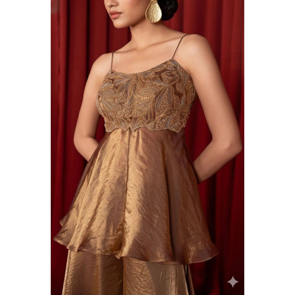 Women's Silk Embroidered Sleeveless Round Kurti With Palazzo Pant and Dupatta Set (Brown)
