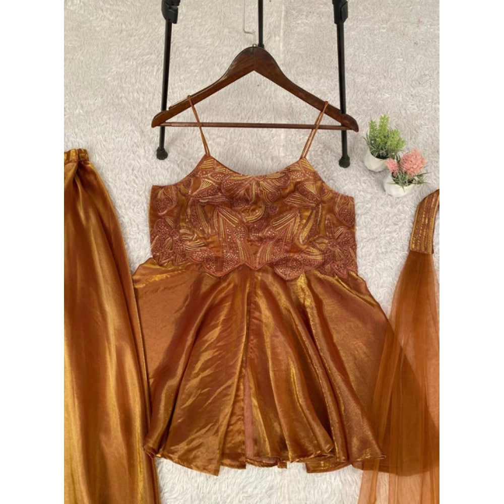 Women's Silk Embroidered Sleeveless Round Kurti With Palazzo Pant and Dupatta Set (Brown)