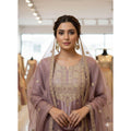 Women's Silk Embroidered 3/4th Sleeve Round Kurti With Sharara Pant and Dupatta Set (Purple)
