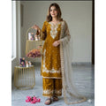 Women's Silk Embroidered 3/4th Sleeve Round Kurti With Palazzo Pant and Dupatta Set (Gold)
