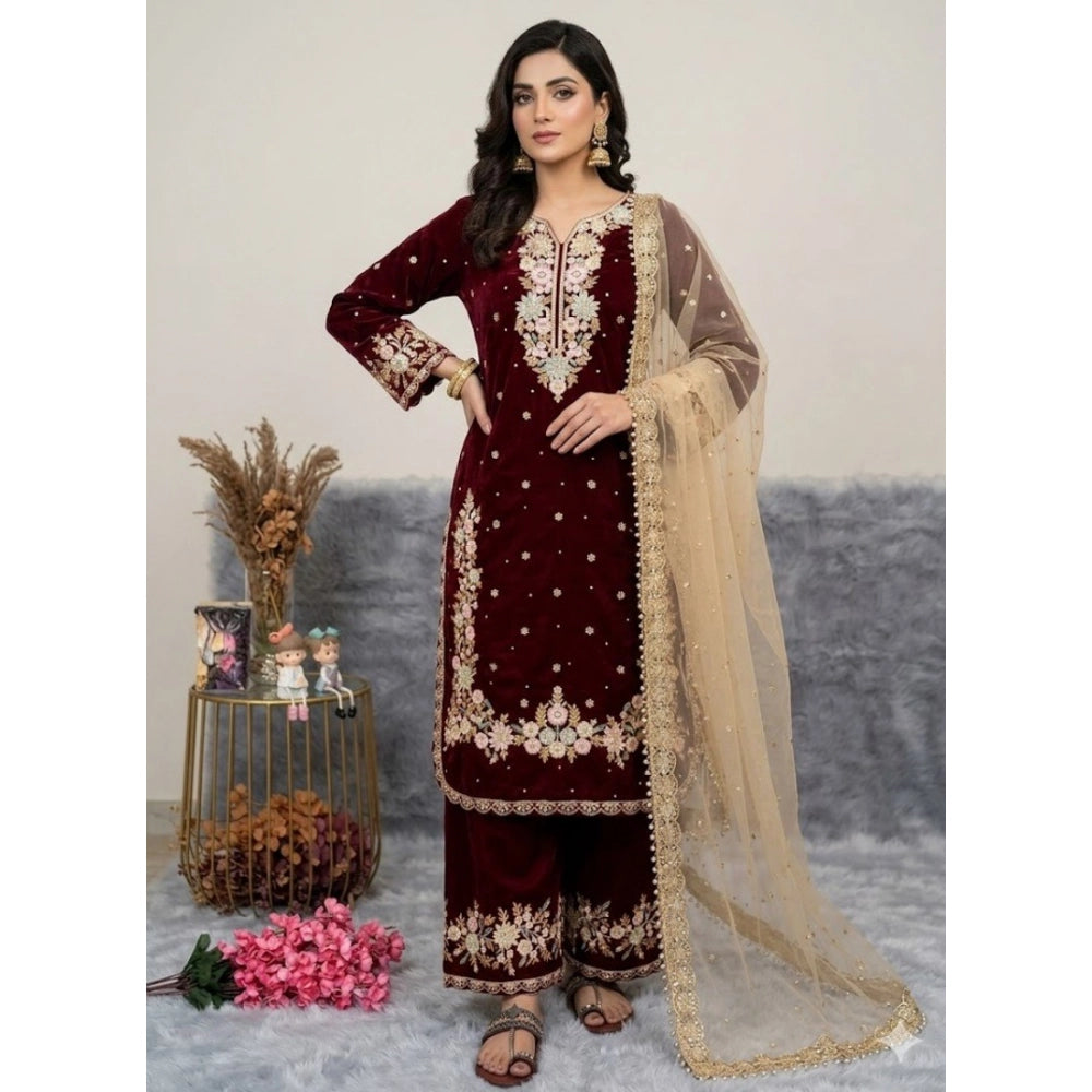 Women's Silk Embroidered 3/4th Sleeve Round Kurti With Palazzo Pant and Dupatta Set (Maroon)