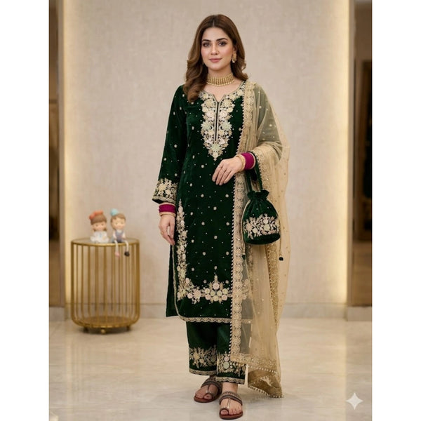 Women's Silk Embroidered 3/4th Sleeve Round Kurti With Palazzo Pant and Dupatta Set (Dark Green)