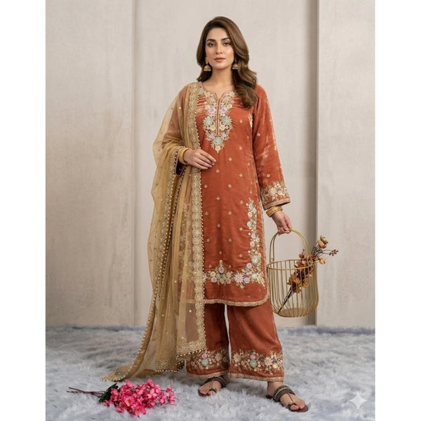 Women's Silk Embroidered 3/4th Sleeve Round Kurti With Palazzo Pant and Dupatta Set (Orange)