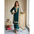 Women's Silk Embroidered 3/4th Sleeve Round Kurti With Palazzo Pant and Dupatta Set (Teal)