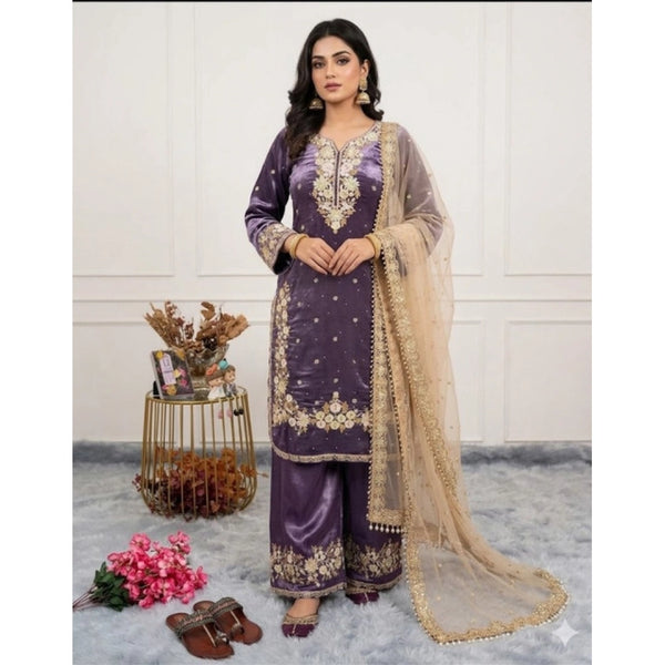 Women's Silk Embroidered 3/4th Sleeve Round Kurti With Palazzo Pant and Dupatta Set (Purple)