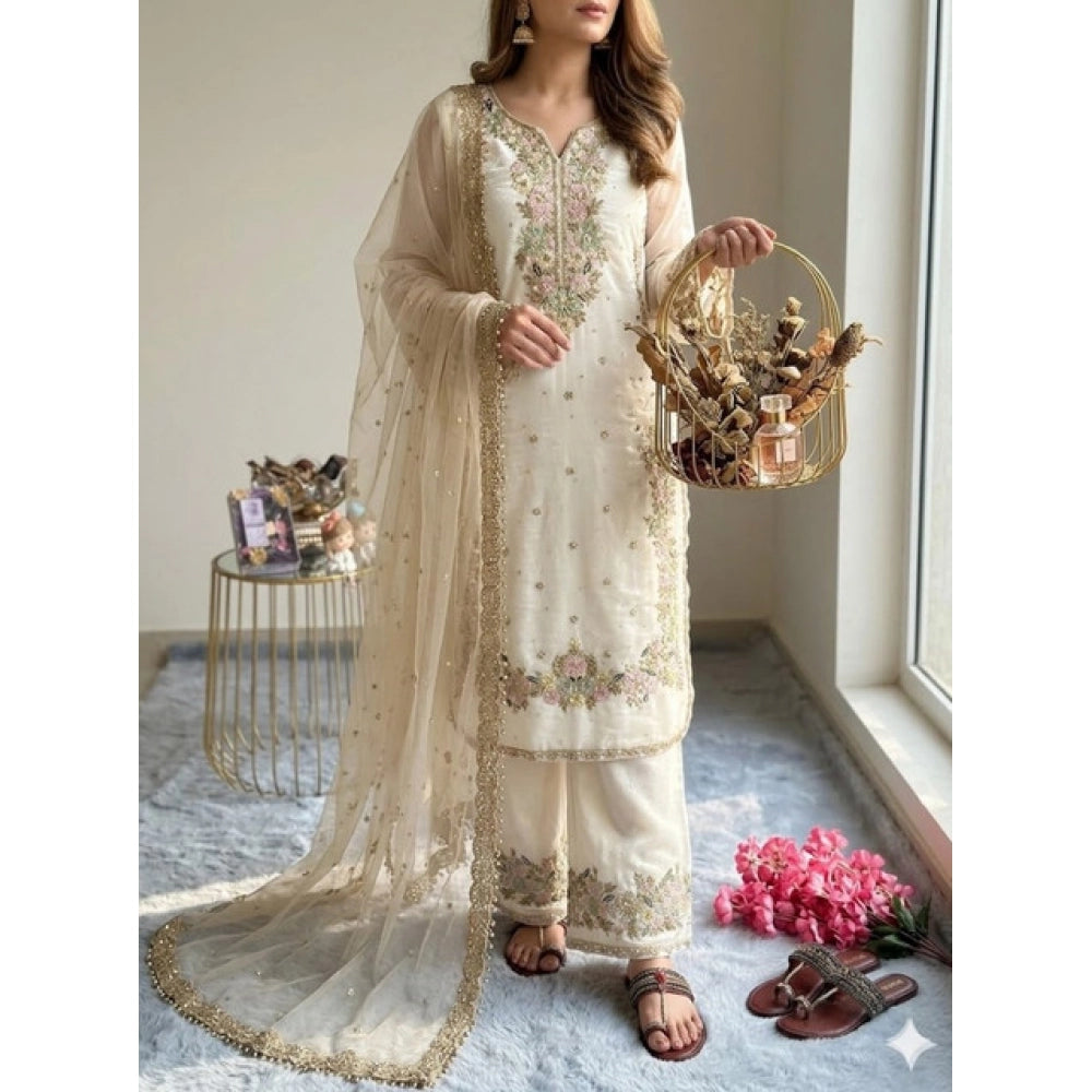Women's Silk Embroidered 3/4th Sleeve Round Kurti With Palazzo Pant and Dupatta Set (White)