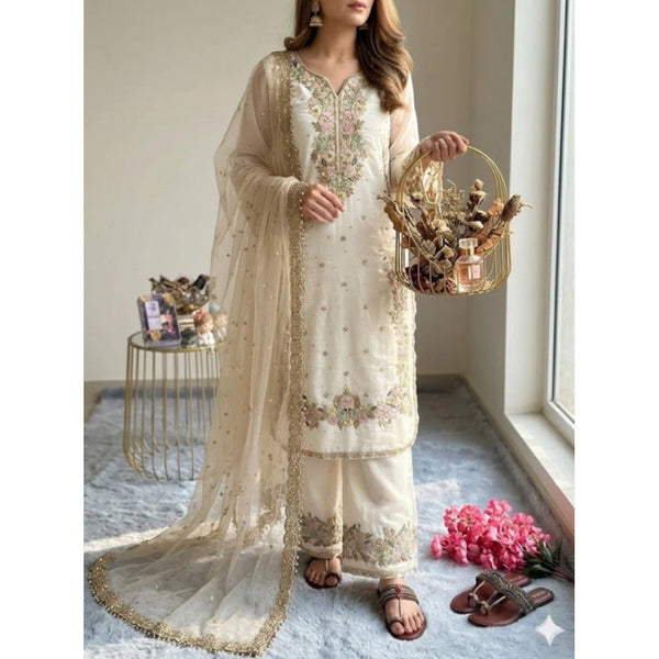 Women's Silk Embroidered 3/4th Sleeve Round Kurti With Palazzo Pant and Dupatta Set (White)
