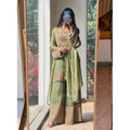 Women's Silk Embroidered 3/4th Sleeve Round Kurti With Sharara Pant and Dupatta Set (Green)