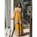 Women's Silk Embroidered 3/4th Sleeve Round Kurti With Sharara Pant and Dupatta Set (Yellow)