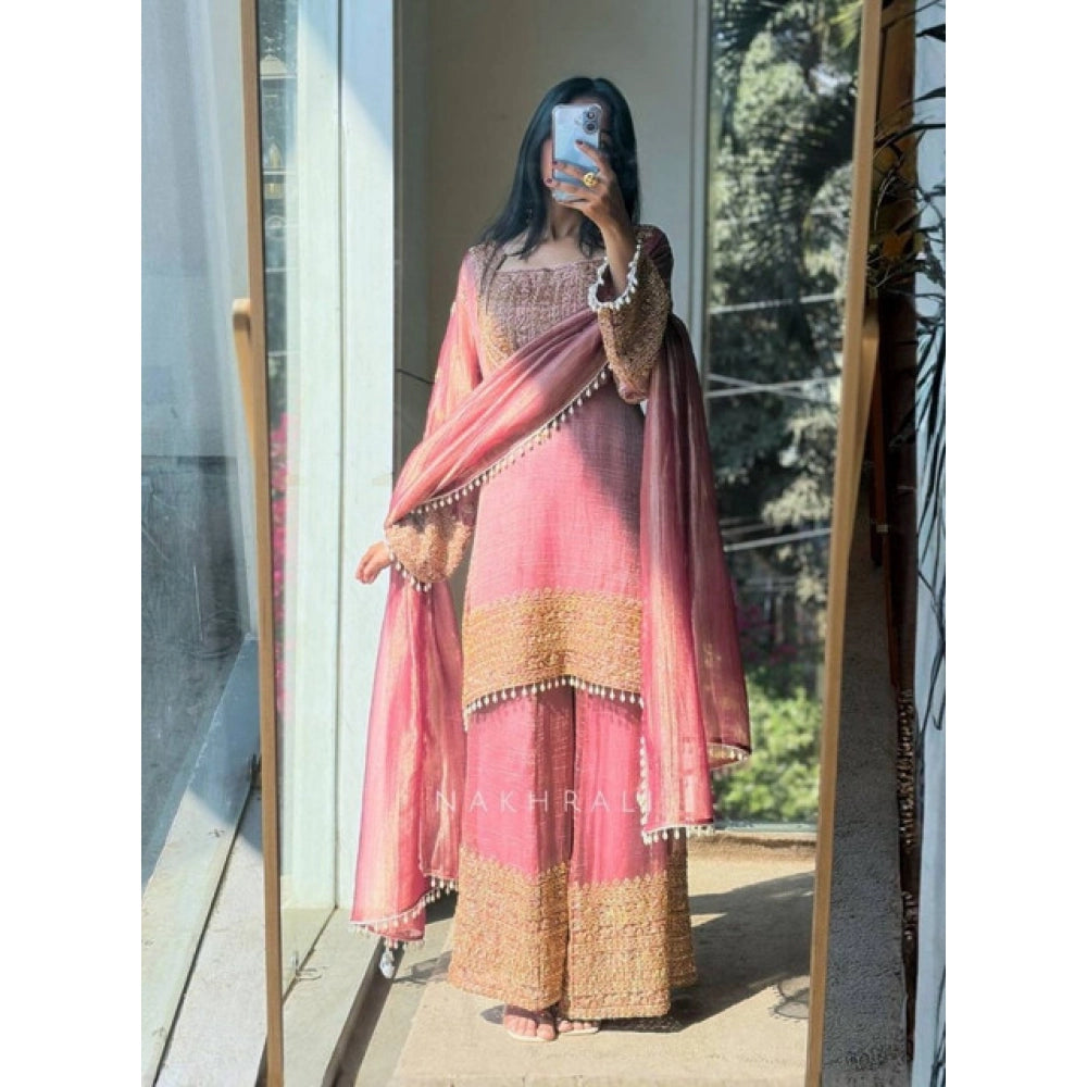 Women's Silk Embroidered 3/4th Sleeve Round Kurti With Sharara Pant and Dupatta Set (Pink)