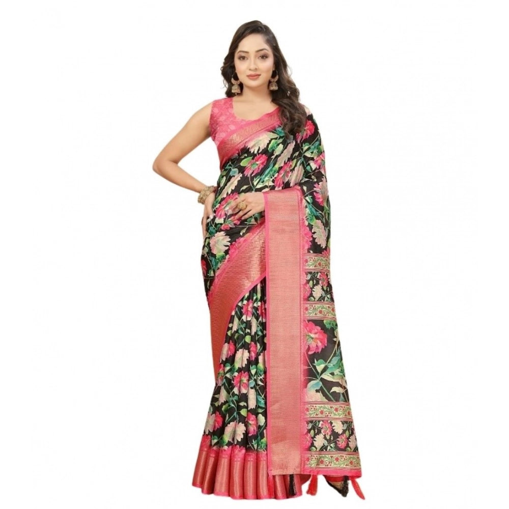 Women's Cotton Silk Floral Printed Saree With Unstitched Blouse 5.5Mtr (Black)