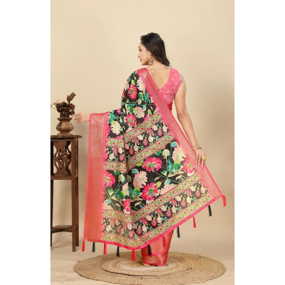 Women's Cotton Silk Floral Printed Saree With Unstitched Blouse 5.5Mtr (Black)