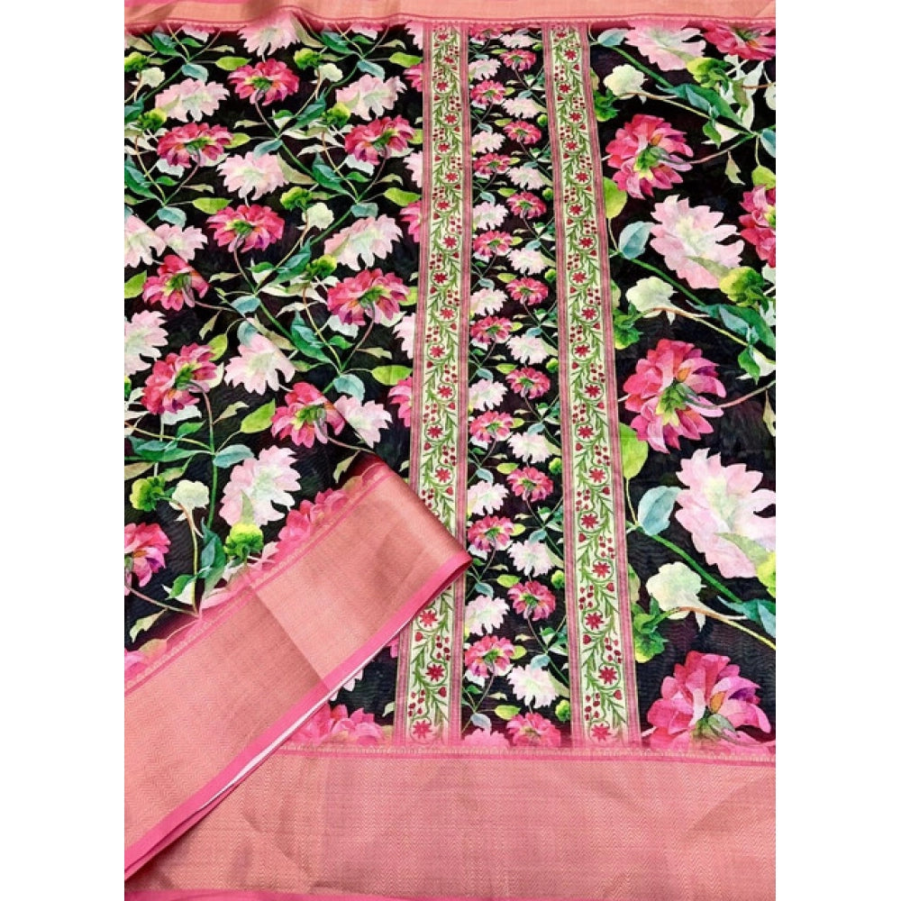 Women's Cotton Silk Floral Printed Saree With Unstitched Blouse 5.5Mtr (Black)