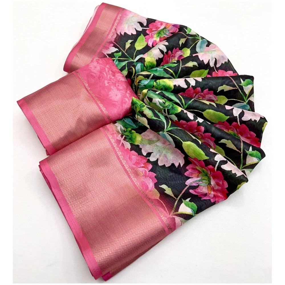 Women's Cotton Silk Floral Printed Saree With Unstitched Blouse 5.5Mtr (Black)