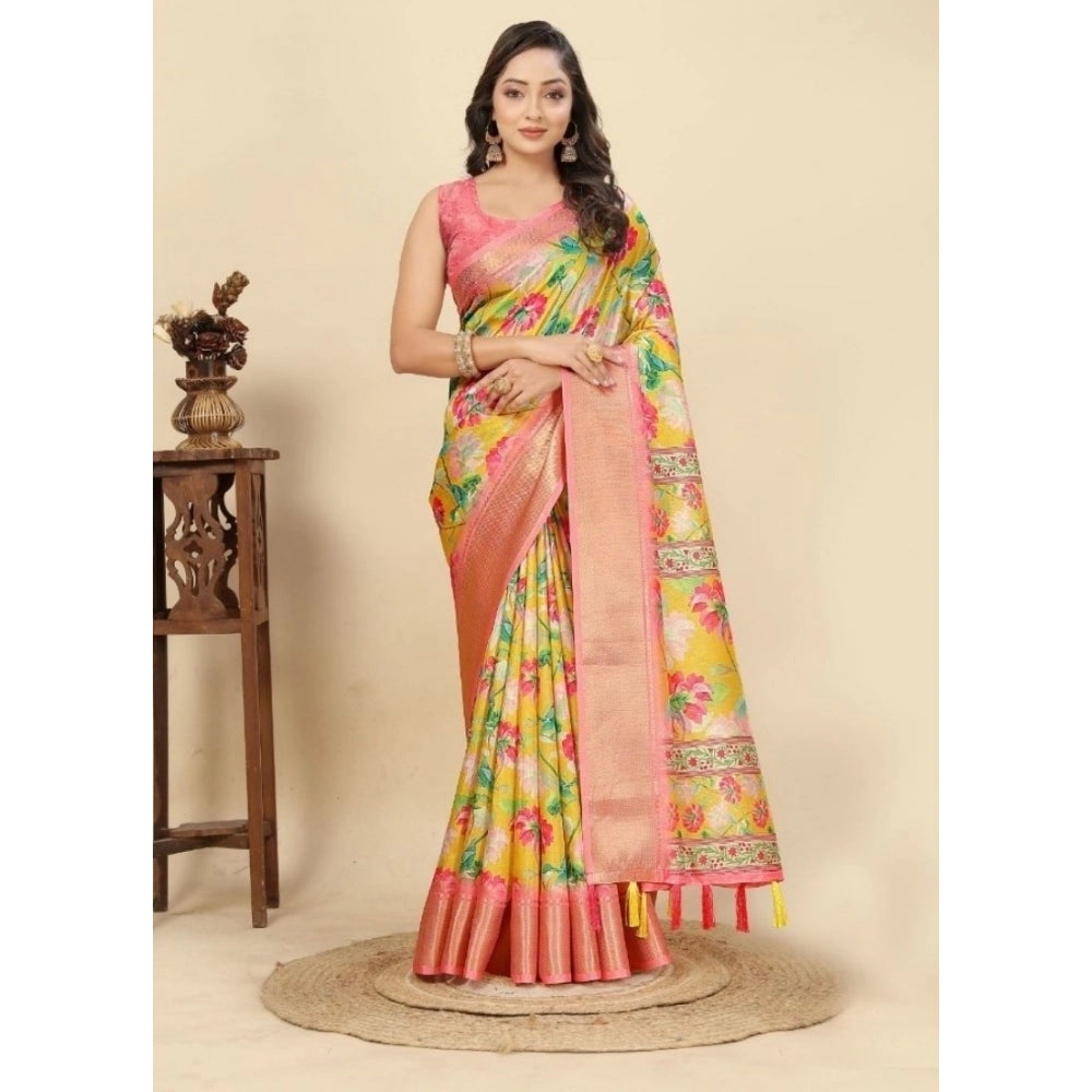Women's Cotton Silk Floral Printed Saree With Unstitched Blouse 5.5Mtr (Yellow)