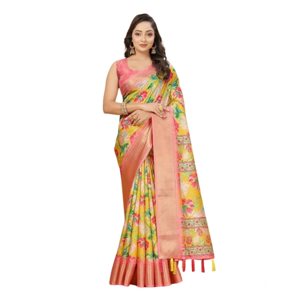 Women's Cotton Silk Floral Printed Saree With Unstitched Blouse 5.5Mtr (Yellow)