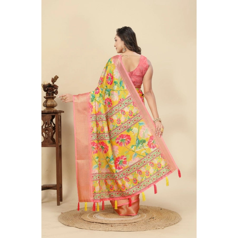 Women's Cotton Silk Floral Printed Saree With Unstitched Blouse 5.5Mtr (Yellow)