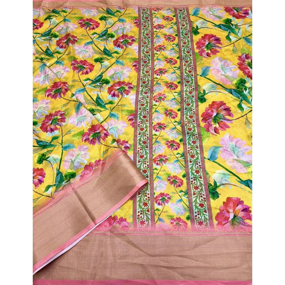 Women's Cotton Silk Floral Printed Saree With Unstitched Blouse 5.5Mtr (Yellow)